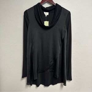 Anthropologie Deletta Top Sz S Black Satin Front Ribbed Sleeves Cowl Neck NWT